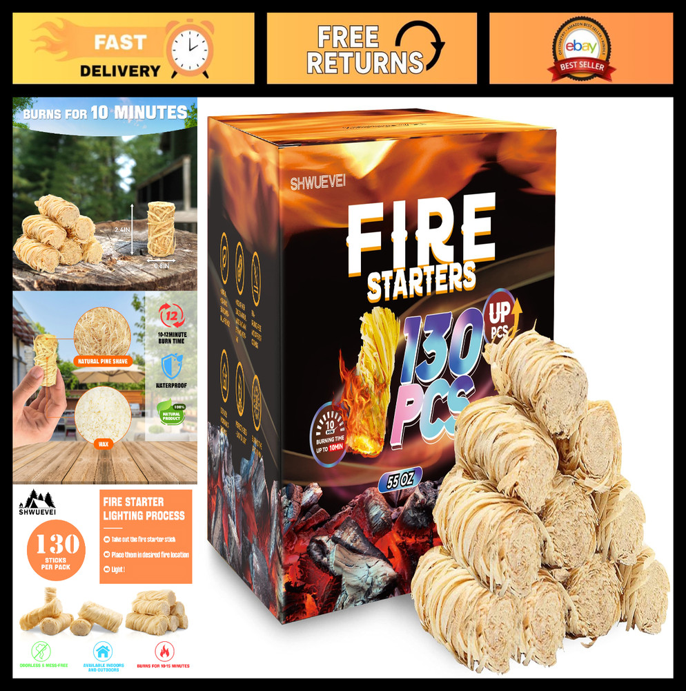 130 Pcs Natural Fire Starters for Fireplace, BBQ, Fire Pit, Smoker & Grill