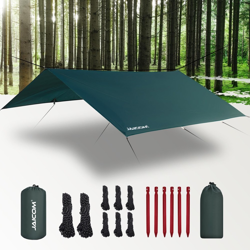 JAICOM Waterproof Camping Tarp – 10X10ft Hammock Rain Fly, 10X10ft, Green