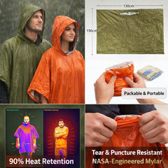 Emergency Rain Poncho Thermal Mylar Blanket Survival Gear + Whistle Orange/Gree