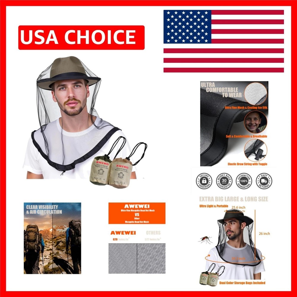 2 Pack Adjustable Mosquito Head Net – Soft Long Mesh Cooling Coverage for Hats