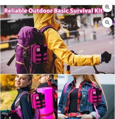 Pink Emergency Survival & First Aid Kit, Self-Defense Gear with Molle Pouch & Te