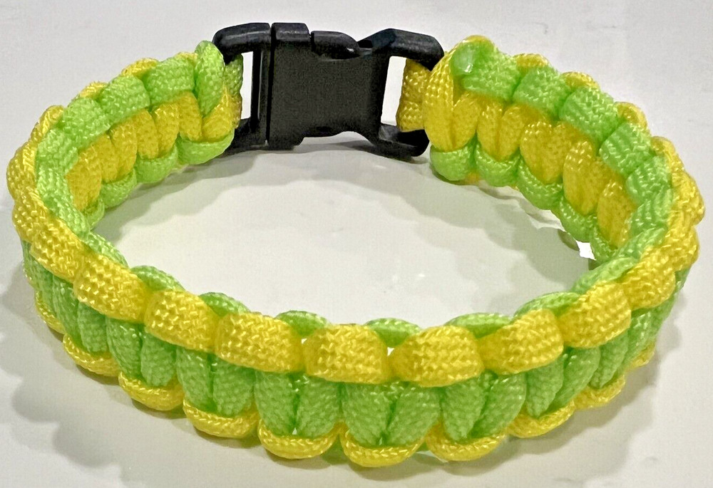 Paracord Survival Bracelet Yellow & Lime Green Buckle Handmade USA 9 1/2″