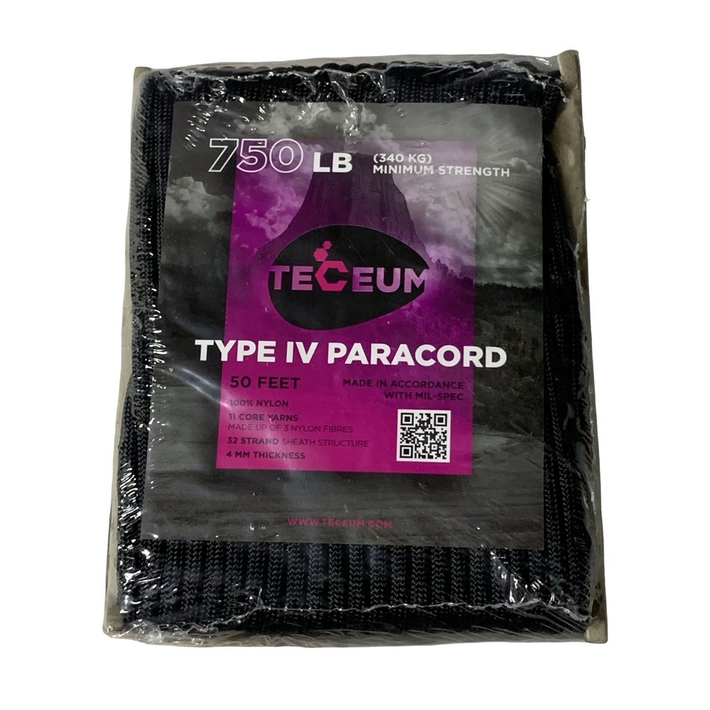 TECEUM Type IV Paracord 50 ft Black 750 lb 4mm 11-Core NEW