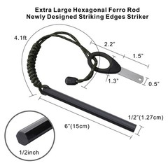 Ferro Rod Fire Starter 6 inch X 1/2 inch Flint and Steel Fire Starter Kit with