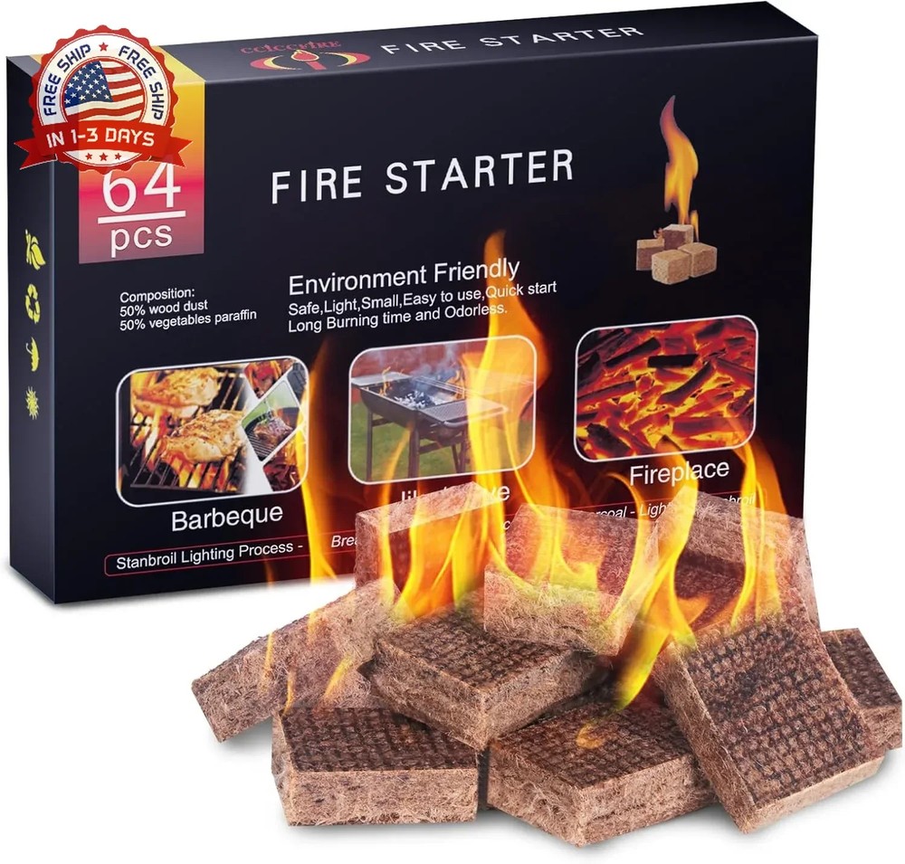 Fire Starter, 64 Mini Square, Natural Fire Starters for BBQ, Campfire, Firep