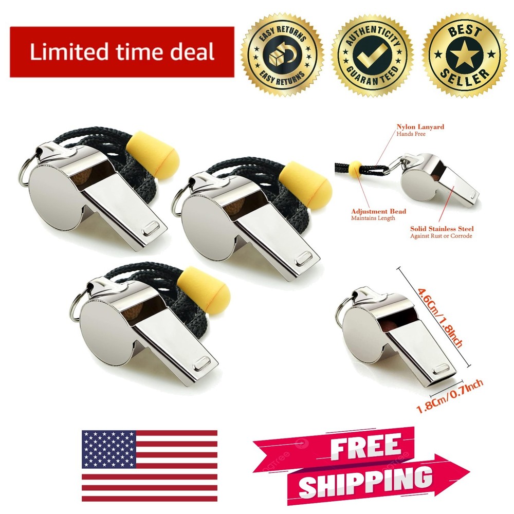 Professional 3 Pack Stainless Steel Whistles for Coaches with Lanyards – Durable