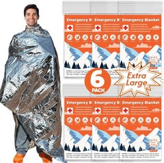 6 Pack Emergency Thermal Blanket Survival, 84” x 64” Extra Large Mylar Blanke…