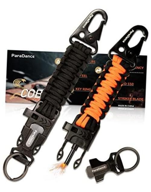 Survival Keychain Fire Starter w/Flint 2pcs, 1 X Black & 1 X Black Orange