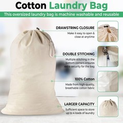 Large Cotton Laundry Bags 24×36 Inch with Drawstring, Heavy Pack of 2, Beige