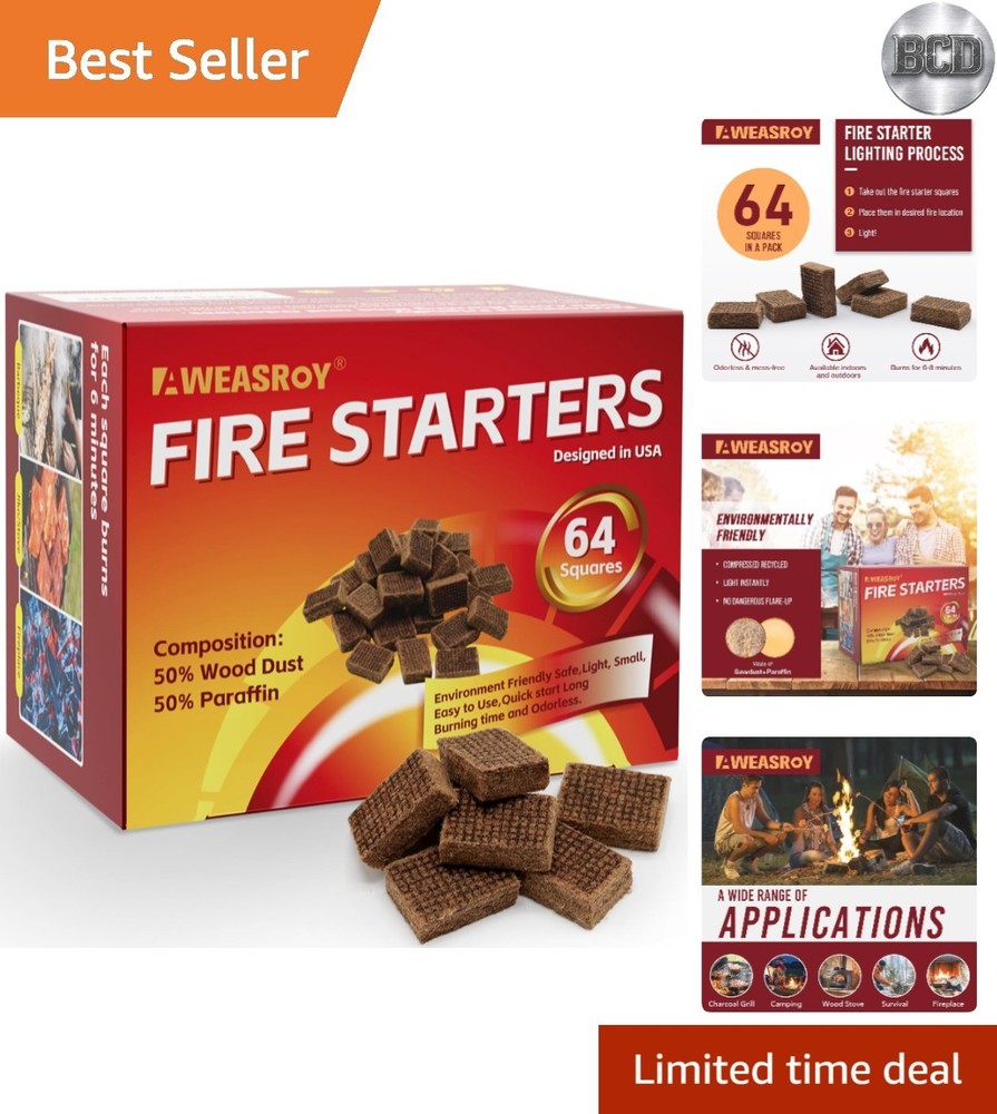 Water-Resistant Fire Starter Squares – 64 Odourless Cubes for Grilling & Camping