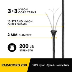Kamu Synber Paracord 2mm 3 Strands 100ft 100% Nylon Rope Type I 100FT, Black