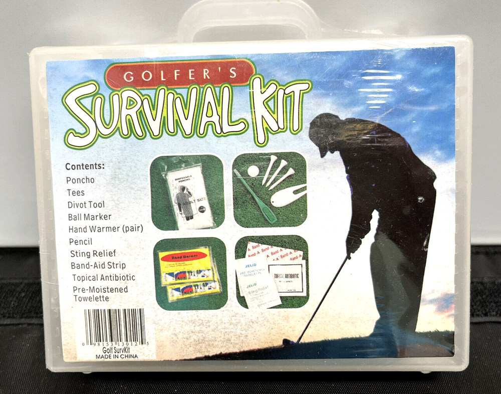 Golfers Survival Kit for Pocket or Golf Bag Poncho, Hand Warmers, Tees, Etc. NEW