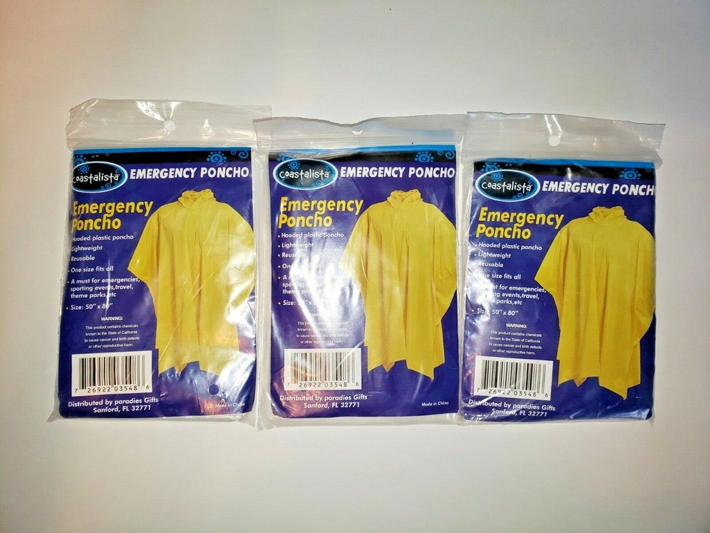 (Lot of 3) Coastalista Adult Hooded Plastic Emergency Poncho 50″ x 80″ Clear