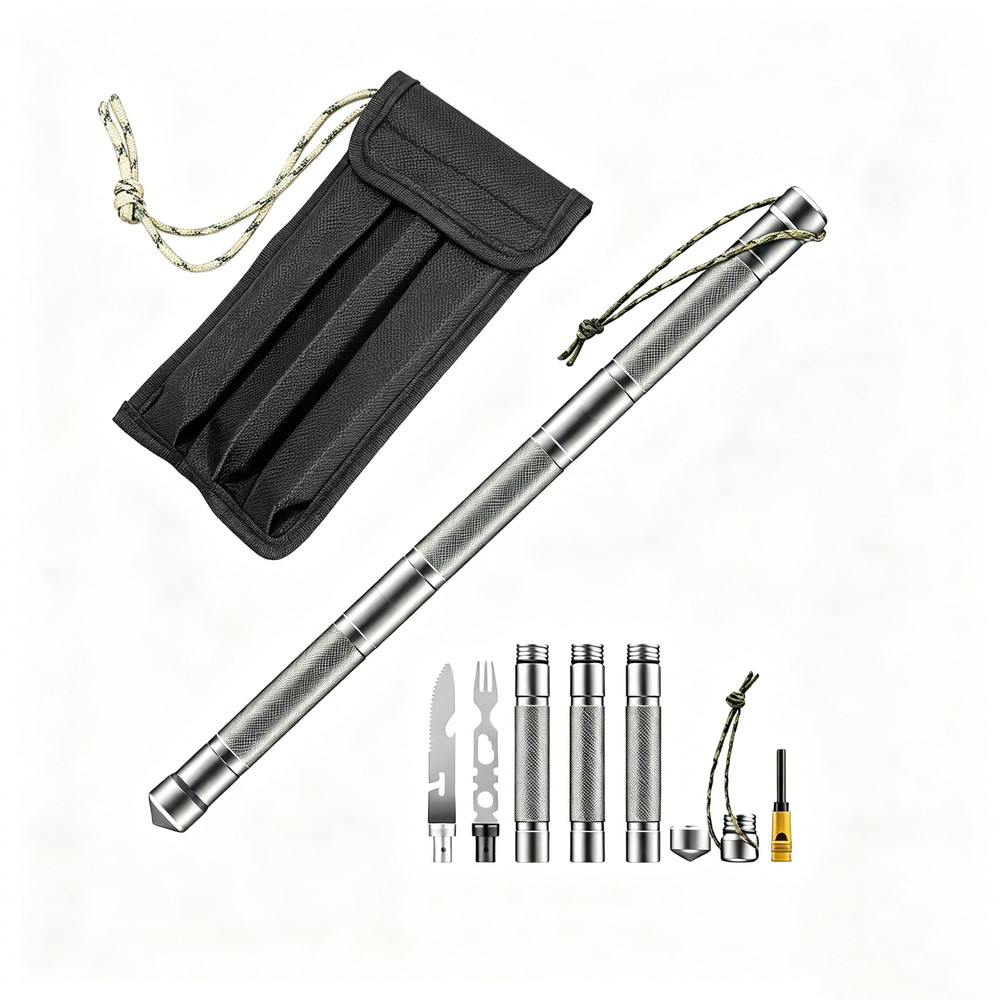 Detachable Aluminum Survival Rod, Outdoor Multi-Tool with Window Breaker Compass