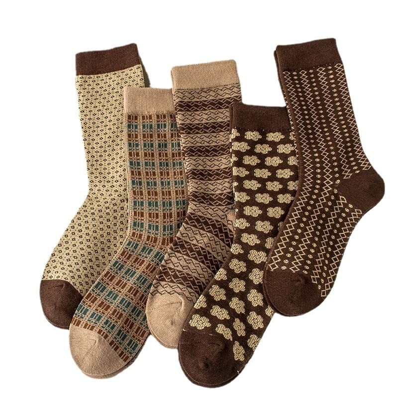 Tyadorw 5 Pairs Socks, Women’s Vintage Lattice Thick Warm Mid One Size, Brown