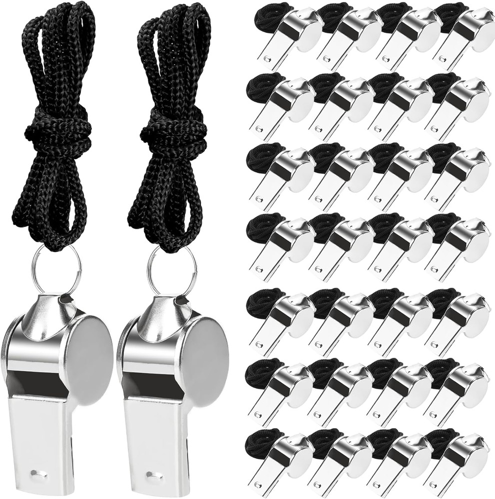 100 Pcs Stainless Steel Whistle with Lanyard, Sports Whistles for Adults, Loud