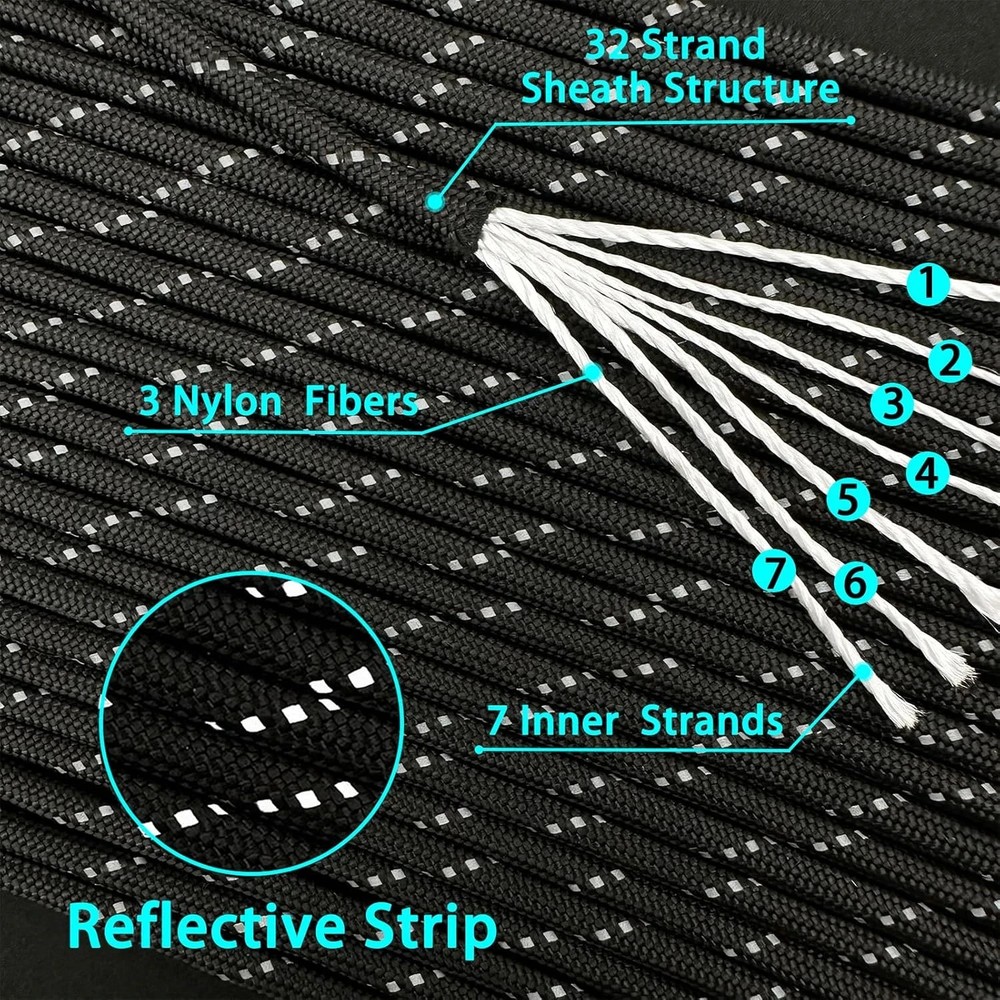 Reflective Paracord Rope 100FT, 7 Strand Nylon Para Cord Lanyard Utility 550 Par