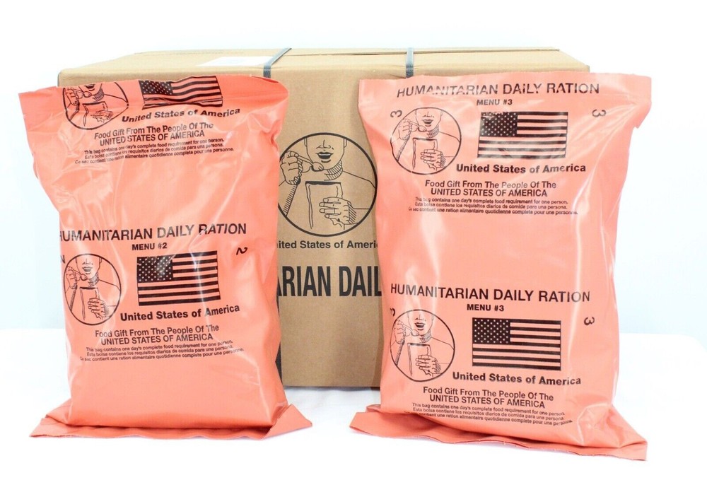 HUMANITARIAN DAILY RATION, 2 HDR pouches, 2 meals/bag = 4 meals. Vegetarian MRE