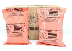 HUMANITARIAN DAILY RATION, 2 HDR pouches, 2 meals/bag = 4 meals. Vegetarian MRE