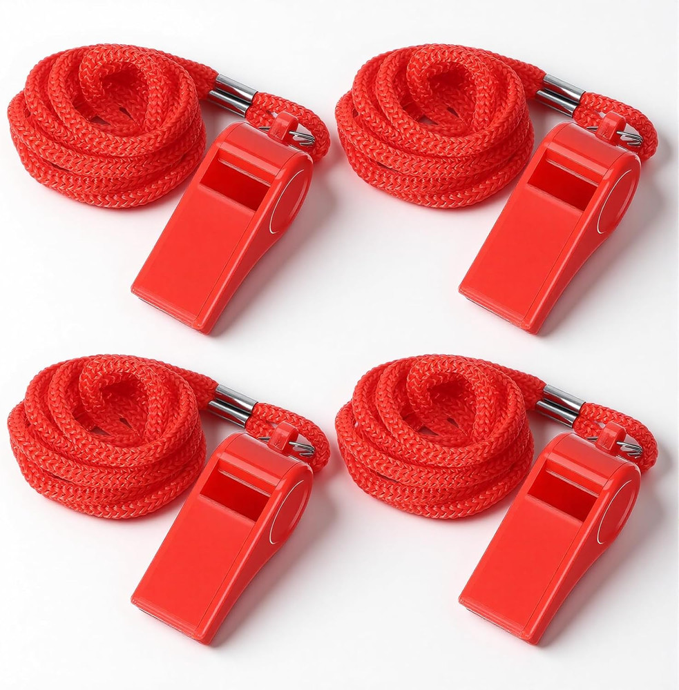 4 Packs Loud Crisp Sound Sports Whistles, Plastic Sports Whistles with Lanyard,