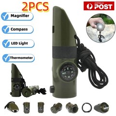 2PCS Survival Whistle Emergency Camping Hiking Safety Tool LED Compass Magnifier