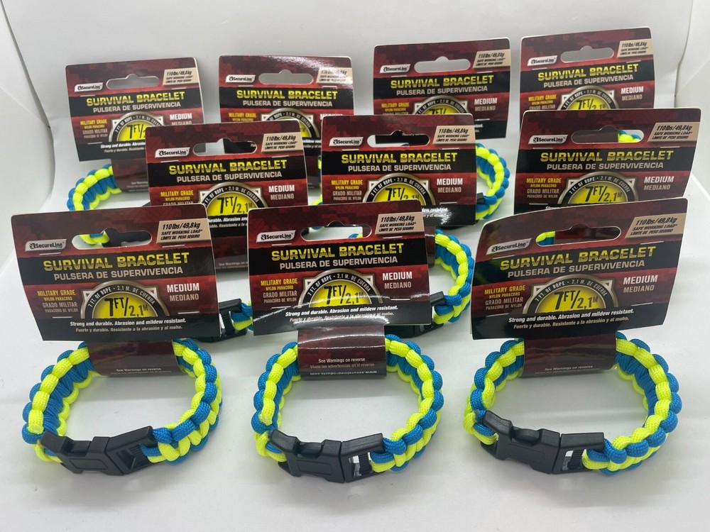 SecureLine Survival Bracelet Nylon Paracord Rope Lot of 10 – Medium, Green/Blue