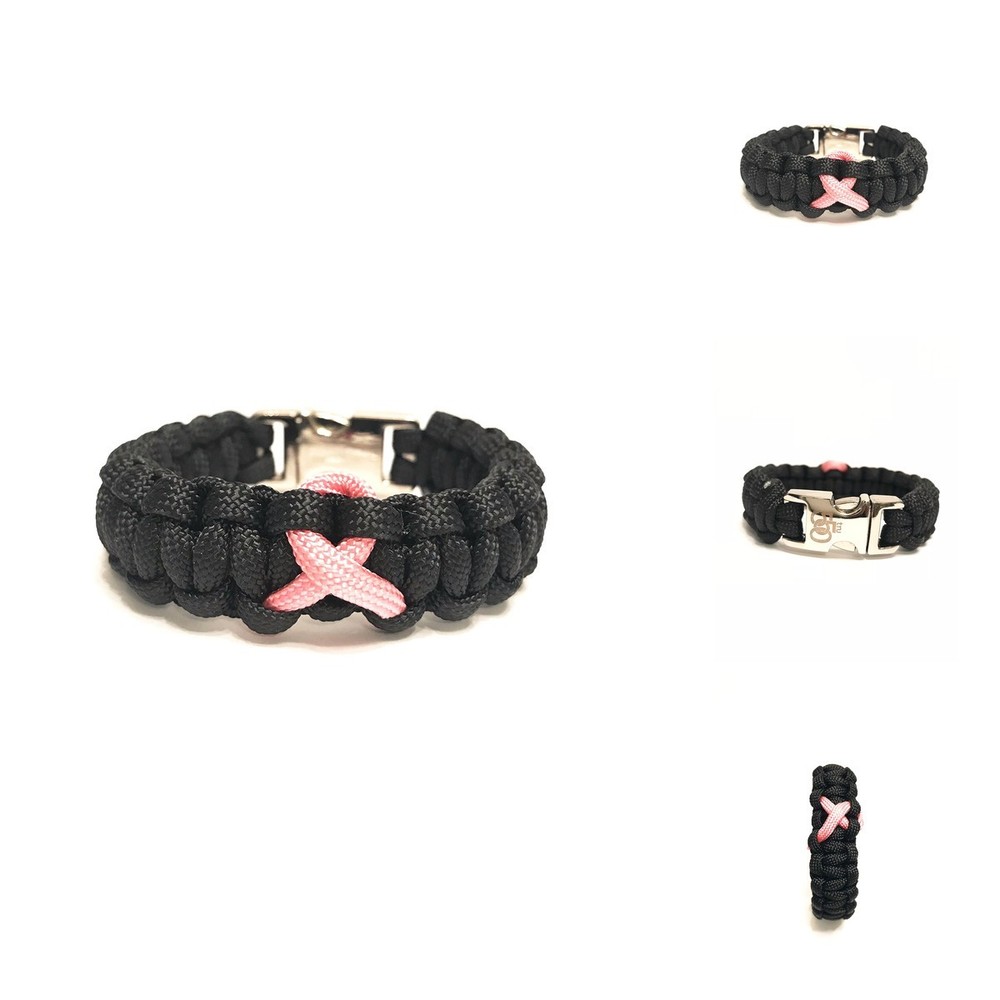Tru550 Breast Cancer Awareness Pink Ribbon Black Paracord Bracelet Size 8.5