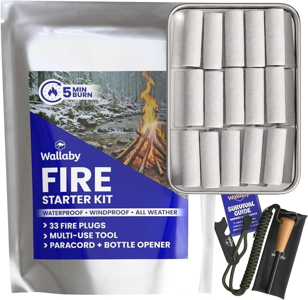 «Wallaby Fire Starter Kit – 33 Waterproof Plugs, Flint Rod, Guide, Storage Bag»