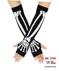 Unisex Stretchy Fingerless Hand Warmer Skeleton Gloves White_long