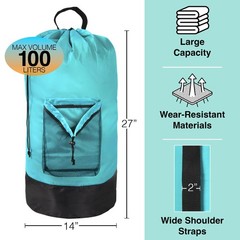 Turquoise Laundry Backpack with Mesh Pocket, Adjustable Large,