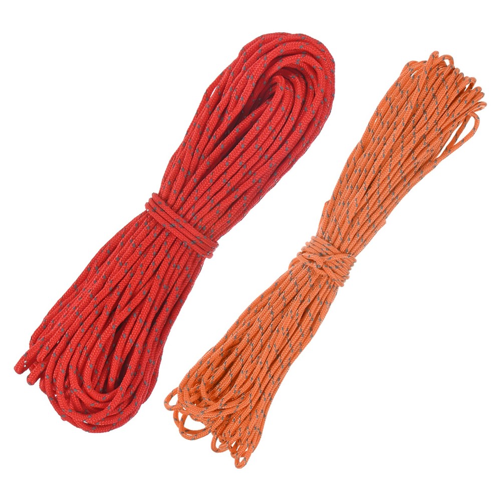 2PCS 2 mm 66FT Reflective Guyline Camping Paracord 3 Strands, Red, Orange