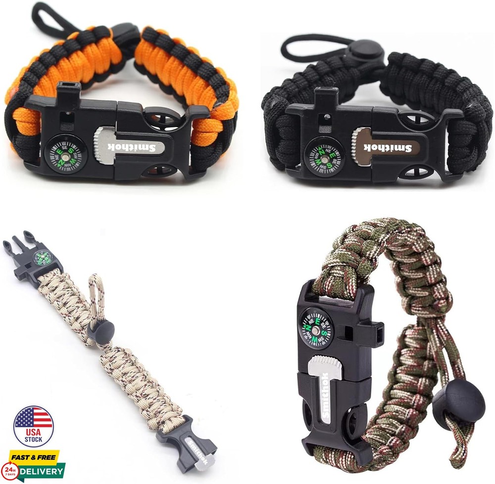 4 Pack Paracord Survival Bracelet Adjustable Loud Whistle Compass Fire Starter