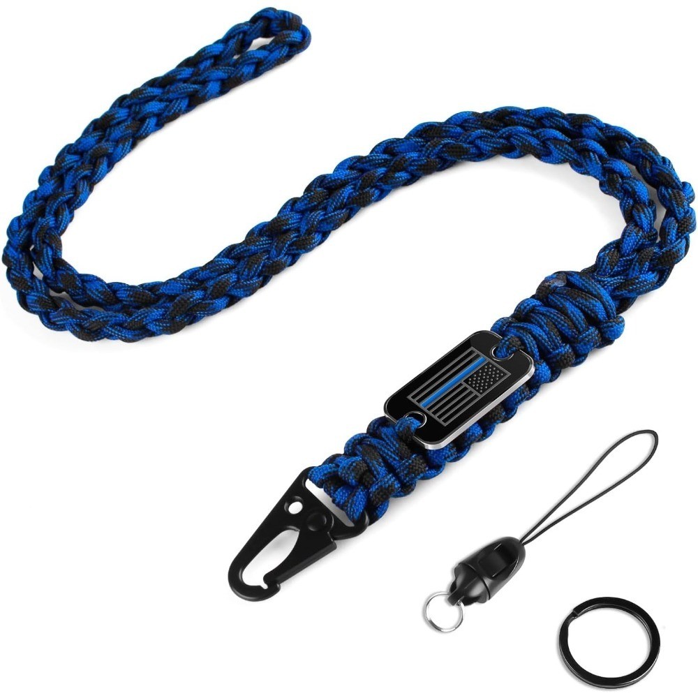 Thin Blue Line Paracord Keychain Neck Lanyard for Keys with Cool USA Flag Men