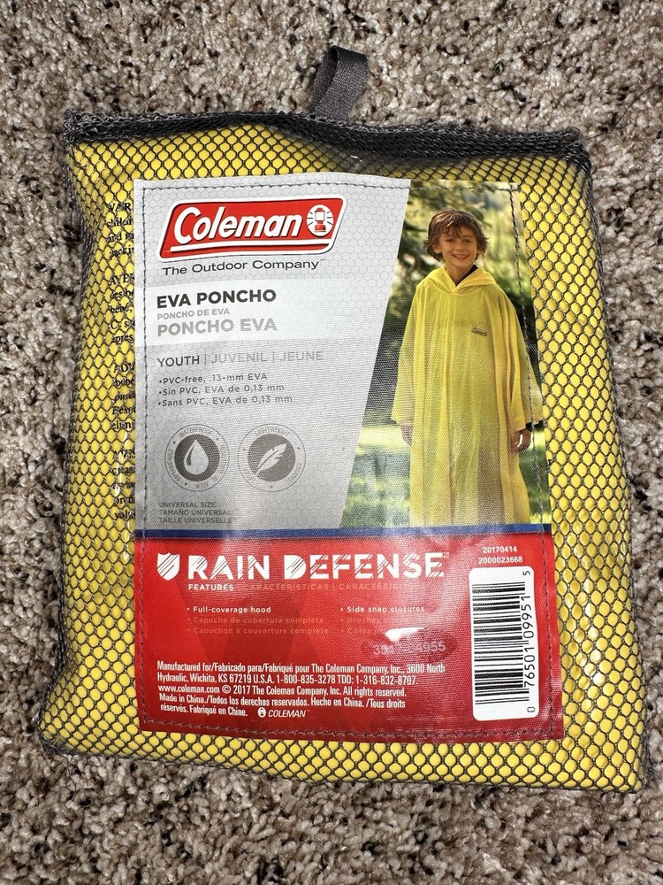 Coleman Eva Poncho Youth Rain Defense Full Coverage Hood Side Snap Closure New
