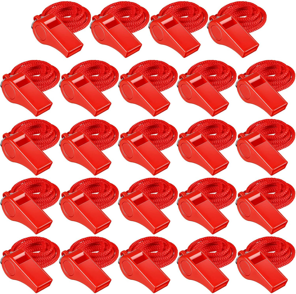 24 Pcs Whistles for Coaches Red Plastic Whistle with Lanyard Bulk Sports Loud Cr