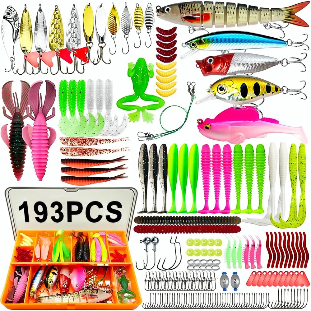 193PCS Fishing Lures Kit with Tackle Box, Freshwater 8″ L x 3″ W x H