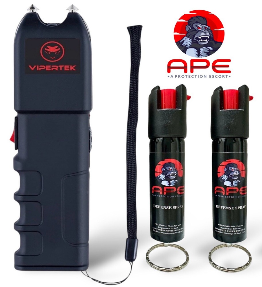 VIPERTEK 700BV Rechargeable Stun Gun with 2 APE Keyring Pepper Spray