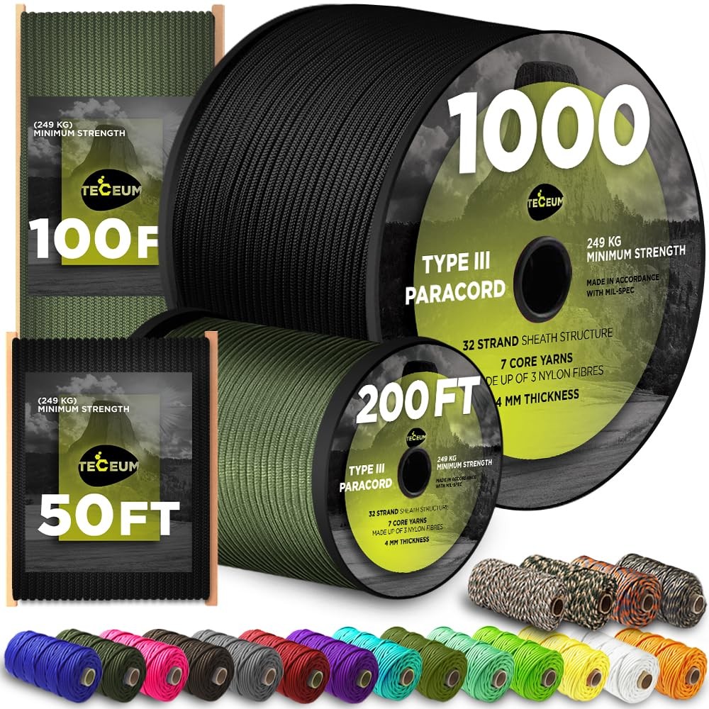 TECEUM Paracord Type III 550 Black –100 ft – 4mm – Tactical 100 ft,