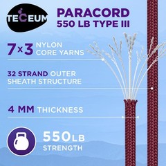 Teceum Paracord Type Iii 550 Burgundi 200 Ft 4Mm Tactical Rope Mil-Spec Outdoor