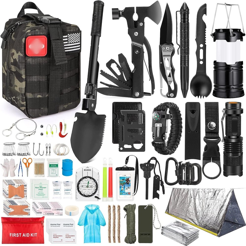 Camo Black Gray,Outdoor Survival Kit,Travel Gear First Aid with Molle System Bag