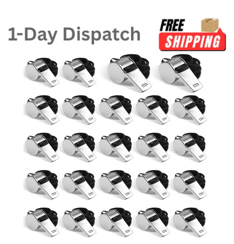 Hipat 24 Pack Stainless Steel Whistles with Lanyards Silver