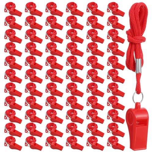 80 Pack Red Sports Whistle, Plastic Whistles Bulk with Lanyard, 120dB Loud