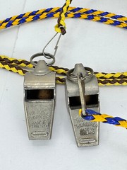 Acme Thunderer Whistles silver cast metal lanyards 40″ referee England hand tied
