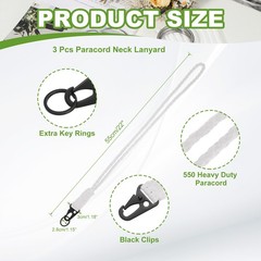 Paracord Lanyard, 550 Heavy Duty Keychain Lanyard (3 Pack, Luminous White)