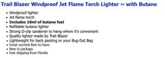 Windproof Jet Flame Torch Lighter w/ Butane Fuel Refillable D Clip Carabiner BOB