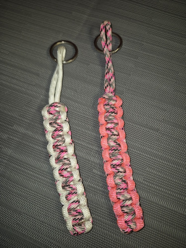 2 Pack Nylon Paracord Keychain Lanyards w/ Key Rings, Pink White Black 4 in
