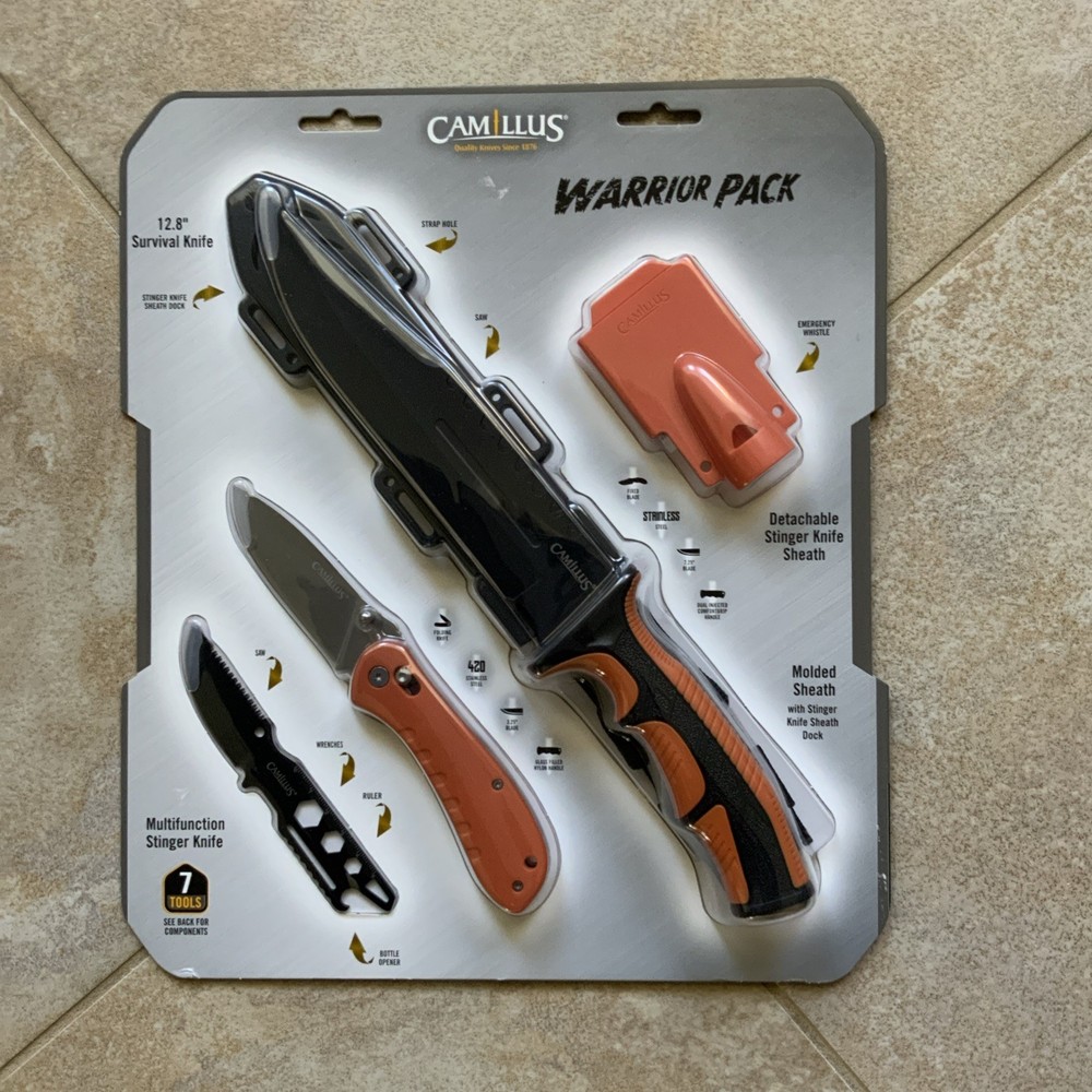 Camillus Warrior Pack 12.8 Survival Knife, Stinger Knife, Folding Knife, Whistle