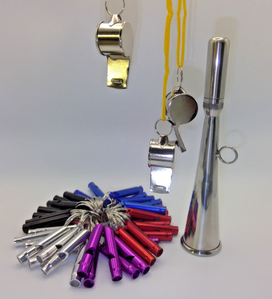 Whistle Lot–3Coach Whistles w/ Lanyards, Stadium Fan Horn&36 metal Safety Wstls