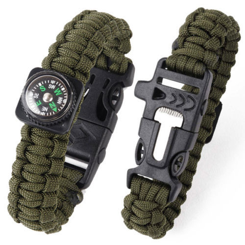 GREEN Survival Bracelet Outdoor Paracord Compass Scraper Whistle Fire Starter