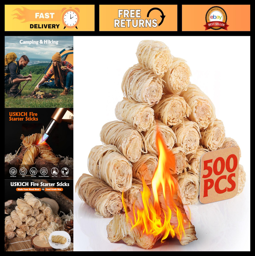 500Pcs Natural Fire Starters for Campfires, BBQ, Fireplace, Smoker, Pizza Oven